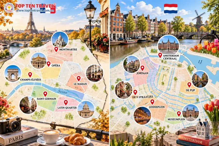 Gợi ý những khu vực thuận tiện để lựa chọn khách sạn khi du lịch Paris và Amsterdam