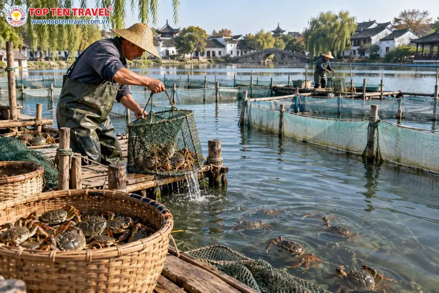 Khám phá hoạt động nuôi và thu hoạch cua lông tại vùng sông nước Tô Châu, Trung Quốc.