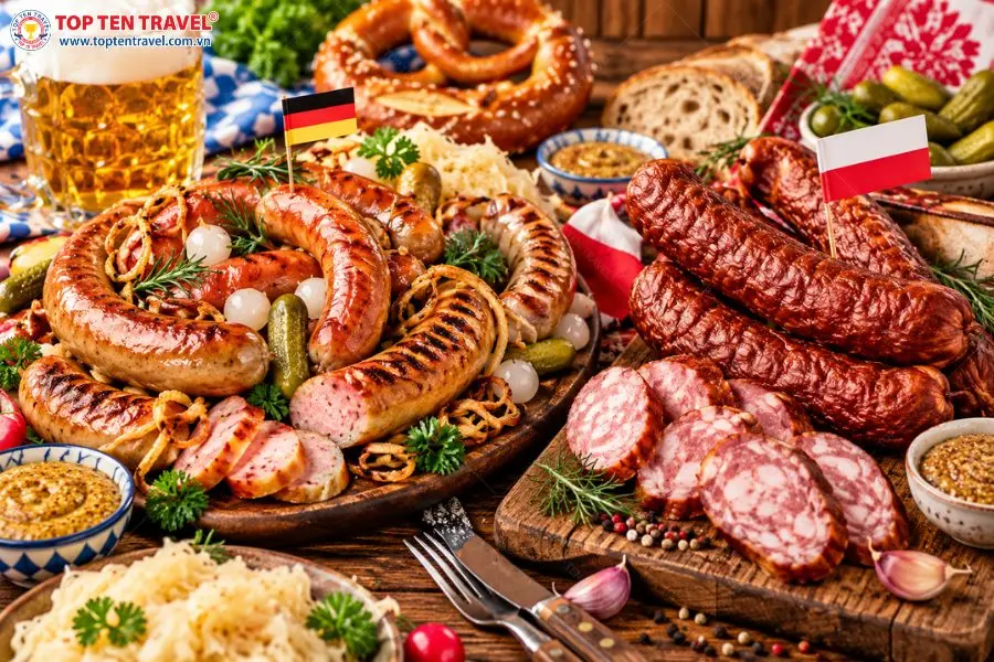 Những loại xúc xích nướng và hun khói là món ăn đường phố quen thuộc tại nhiều quốc gia Châu Âu