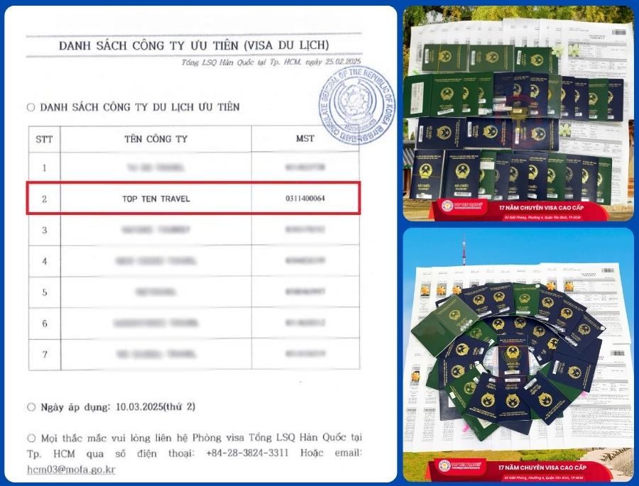Top Ten Travel là Công Ty ưu tiên của Lãnh Sự Quán Hàn Quốc với thời gian xét duyệt nhanh chóng chỉ trong 7 ngày