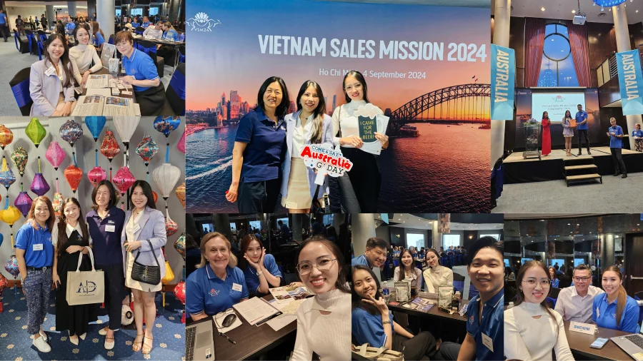 Bà Hoàng Minh Nhi chụp ảnh lưu niệm cùng đại diện các doanh nghiệp lữ hàng, nhà cung cấp dịch vụ đến từ nước Úc