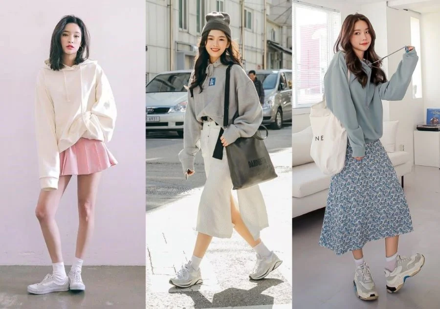 Phối ngay áo Hoodie với chân váy cho nàng thêm xinh