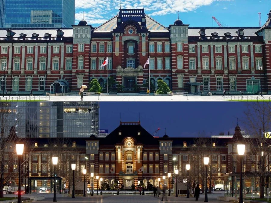Nhà ga Tokyo sừng sững với màu gạch đỏ và trắng truyền thống, như một biểu tượng bất diệt của thời gian