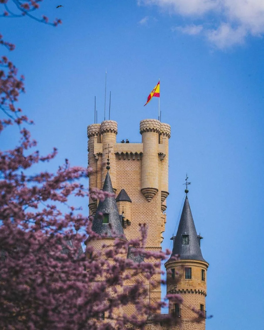 Lâu đài Segovia mang phong cách kiến trúc Romanesque đặc trưng với những bức tường đá dày, tháp canh cao và mái vòm nhọn