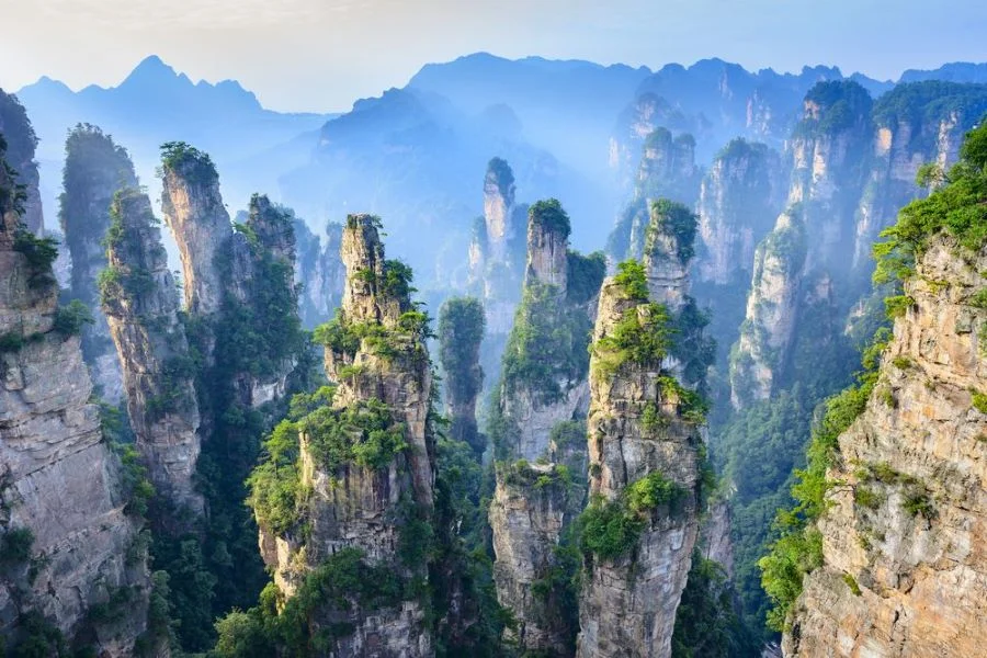 Bức tranh thiên nhiên hùng vĩ được một lớp sương mù dày đặc giăng kín lối tại Trương Gia Giới 