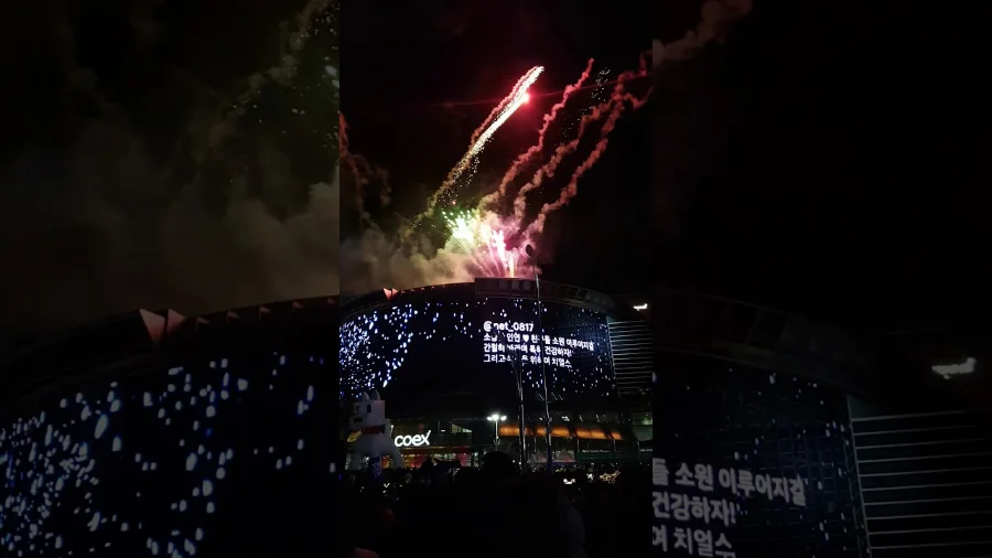 Khi đồng hồ điểm 12 giờ, bầu trời Seoul lại được thắp sáng bởi những màn pháo hoa rực rỡ, đặc biệt là tại khu vực Coex