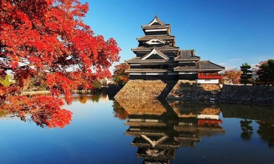 Hàng phong rực rỡ in bóng dưới nước ở thành Matsumoto (tỉnh Nagano)