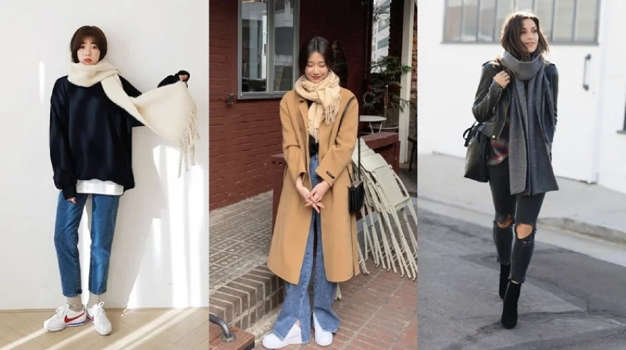 Combo quần dài, áo khoác kèm khăn choàng chính là lựa chọn hoàn hảo cho mùa đông năm nay tại xứ Hàn