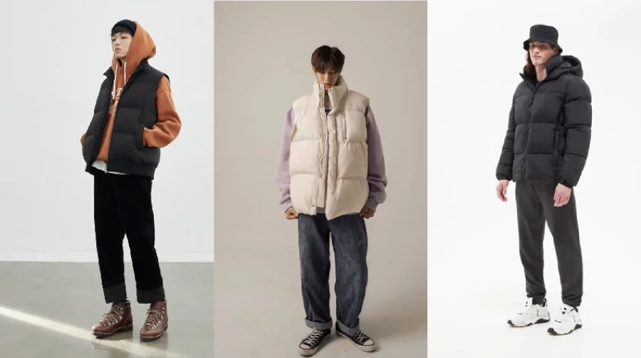Phối áo khoác phao cùng áo hoodie và quần thể thao giúp các anh trở nên cuốn hút hơn