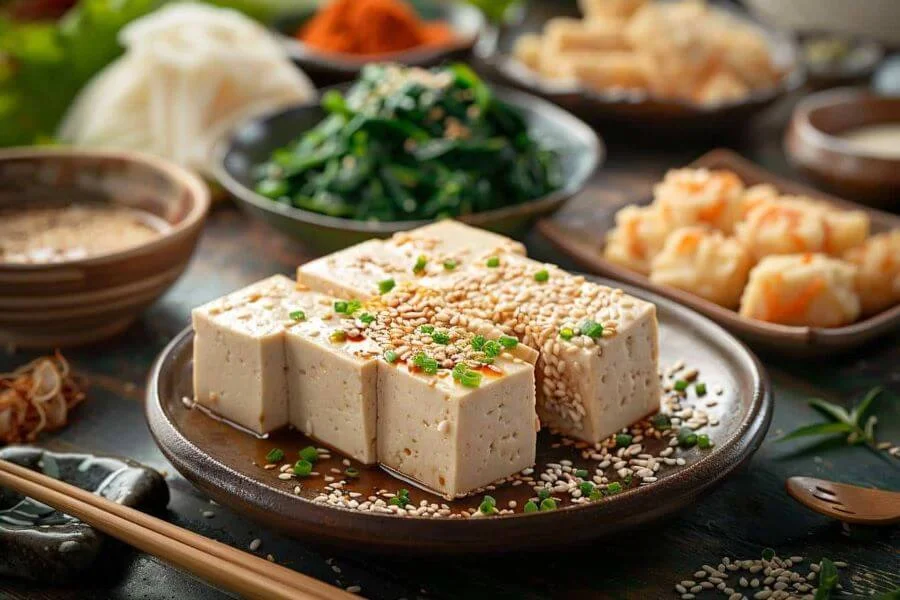 Đậu phụ là một trong những nguyên liệu chủ yếu, được chế biến thành nhiều hình dạng và kết cấu khác nhau