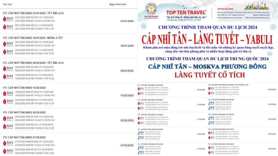Lịch khởi hành của tour Cáp Nhĩ Tân tại Top Ten Travel vô cùng đa dạng, Khách Hàng có thể dễ dàng lựa chọn sản phẩm phù hợp