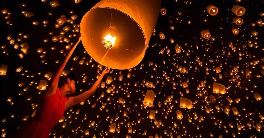 Hòa mình vào dòng người đông đúc của lễ hội thả thiên đăng