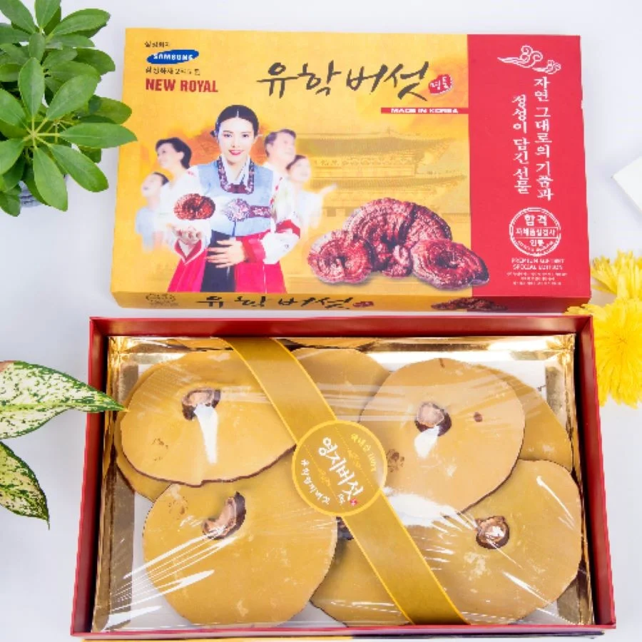 Sản phẩm nấm linh chi được đóng gói theo hộp, dùng để biếu tặng