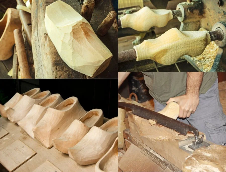 Quá trình cắt và tạo hình tạo form cho chiếc guốc gỗ