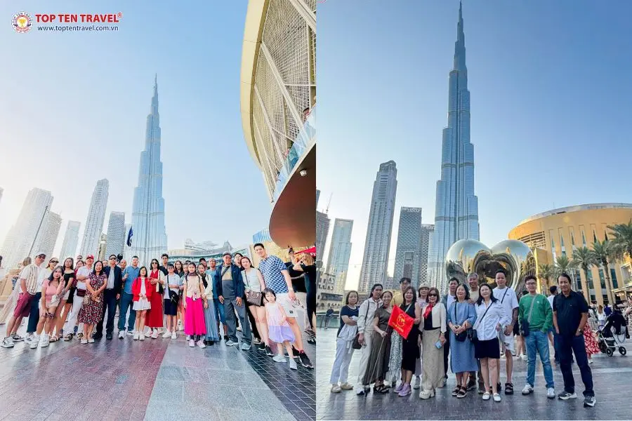 Đoàn khách Top Ten Travel check in cùng biểu tượng Burj Khalifa Dubai