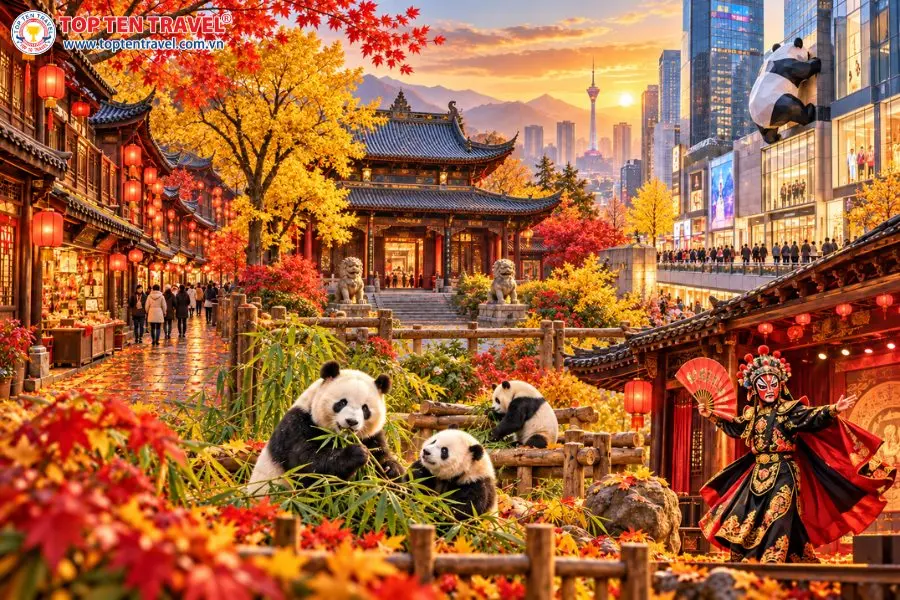 Thành Đô mùa thu nổi bật với phố cổ Cẩm Lý, đền Vũ Hầu, gấu trúc đáng yêu, phố Xuân Hy và nghệ thuật biến diện đặc sắc.