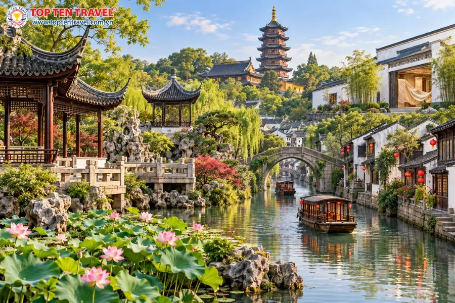 Khám phá vẻ đẹp Tô Châu qua những khu vườn cổ điển, kiến trúc Giang Nam, phố cổ ven kênh đào và các công trình văn hóa đặc sắc.