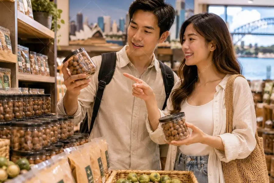 Du khách lựa chọn hạt Macadamia làm quà tại cửa hàng đặc sản Sydney