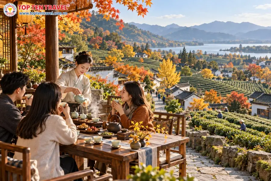 Trải nghiệm thưởng trà tại làng trà Long Tỉnh Hàng Châu mùa thu giữa những đồi chè xanh và rừng cây lá vàng.