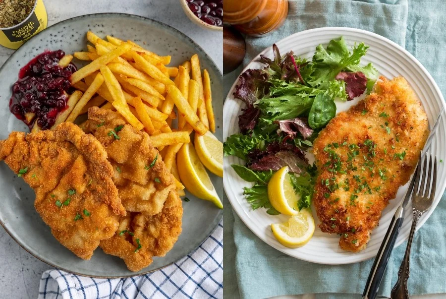 Schnitzel là món thịt chiên xù quen thuộc của Đức với lớp vỏ vàng giòn đặc trưng và phần thịt bên trong mềm ngọt.