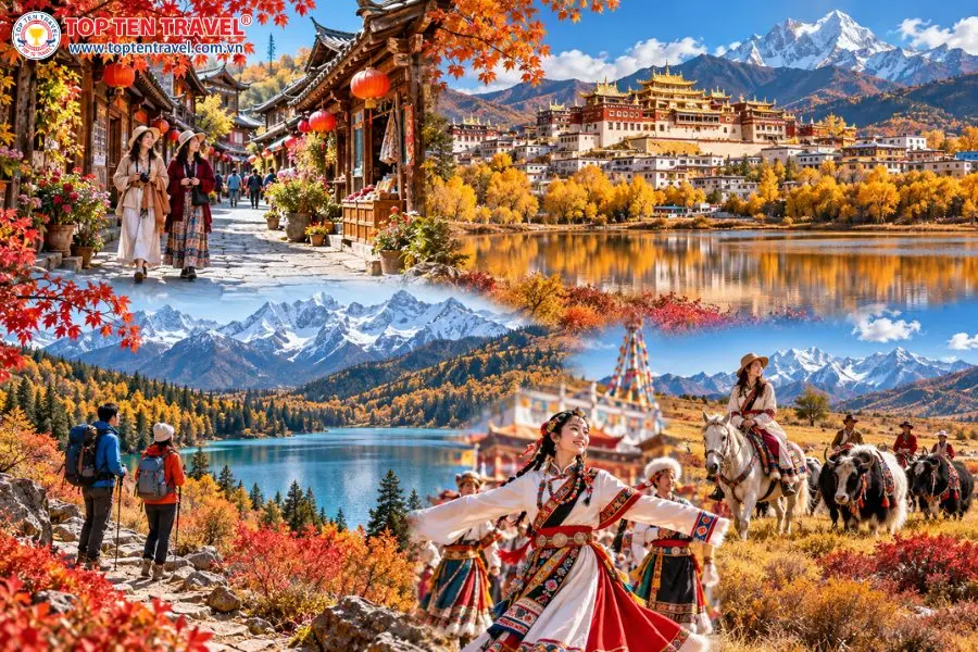 Hành trình Lệ Giang – Shangri-La mùa thu đưa du khách khám phá phố cổ, tu viện Songzanlin, hồ nước trên núi và văn hóa bản địa.